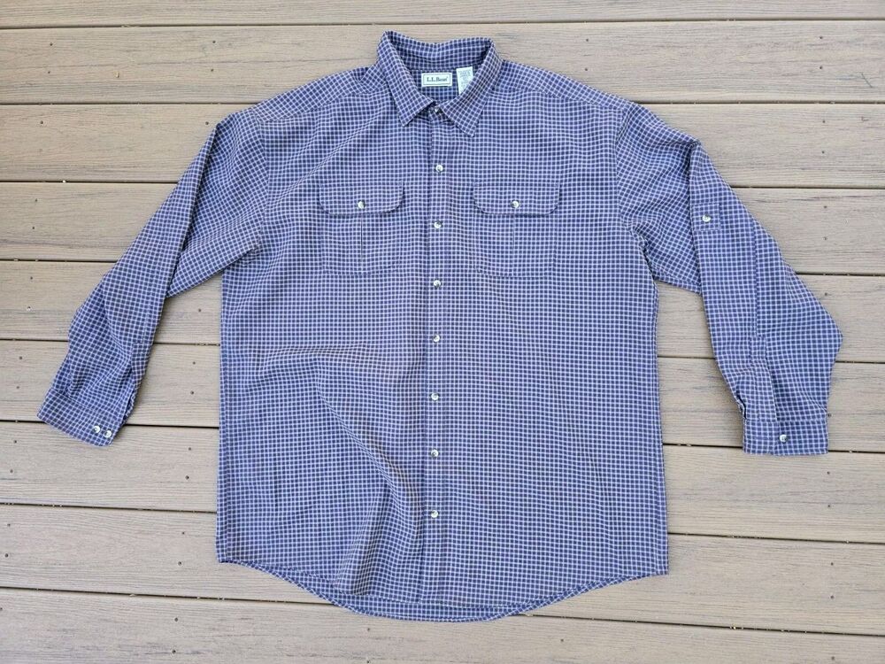 LL Bean Shirt Men 2XLT Cotton Wrinkle Resistant Purple Green Plaid Button Up LS